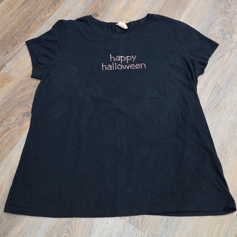 Happy Halloween Rhinestone Graphic T-Shirt Black Cotton Short Sleeve XXL